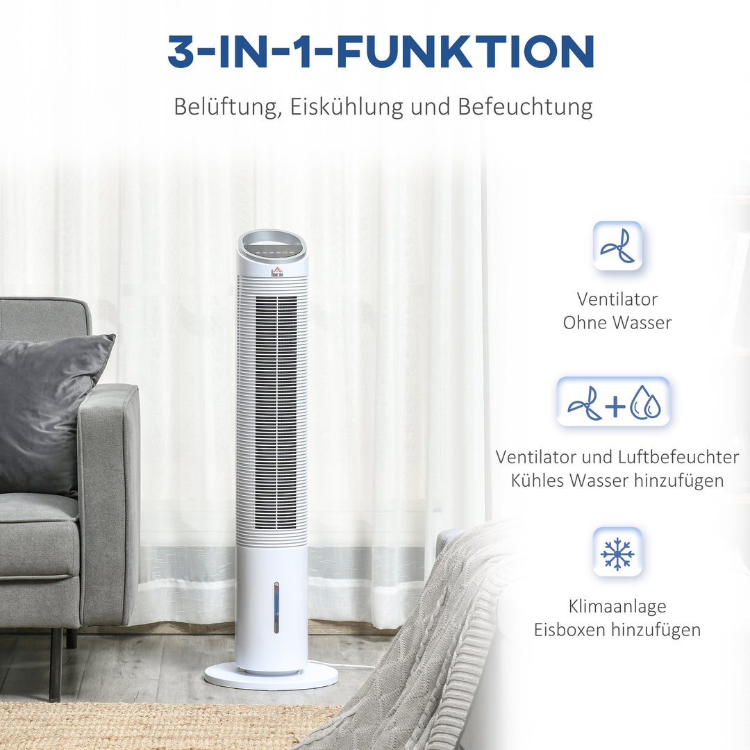 Tårnventilator med vandkøling og fjernbetjening, 60W, 20㎡ (30 cm x 30 cm x 100,8 cm), 3 tilstande, hvid