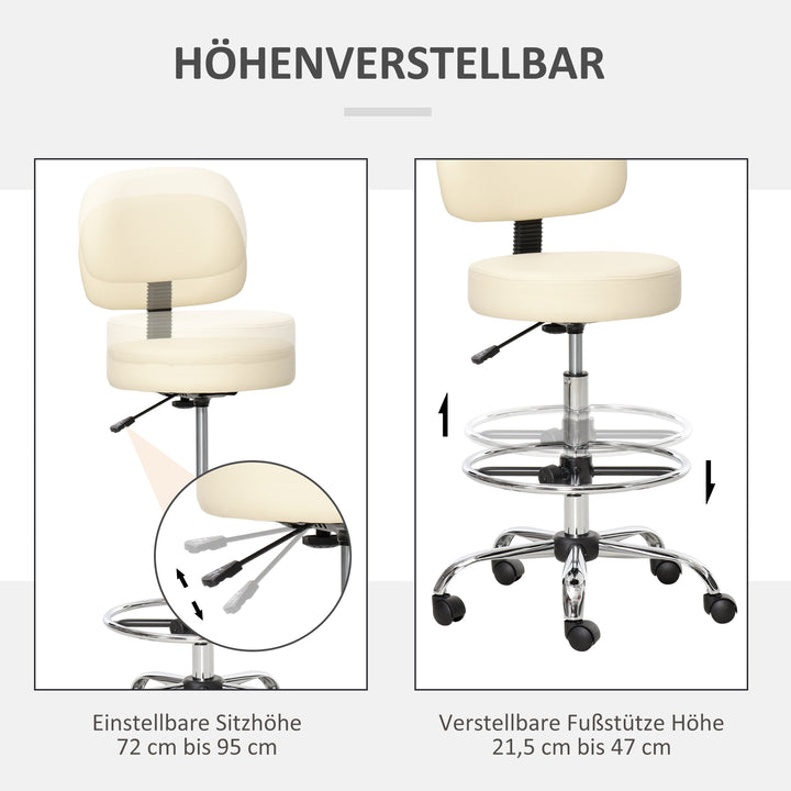 Barstol, højdejusterbar barstol med hjul lavet af kunstlæder arbejdsskammel kontorskammel 360° drejelig med ryglæn polstret beige 56 x 57 x 104-127 cm