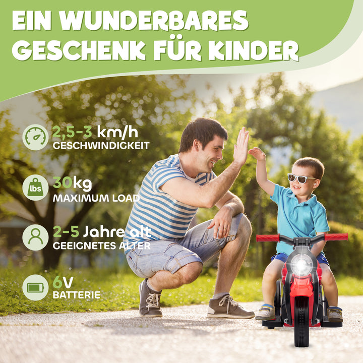 Børne-elmotorcykel, 6V børnemotorcykel med musik, blæser 2,5-3 km/t, til børn i alderen 2-5 år