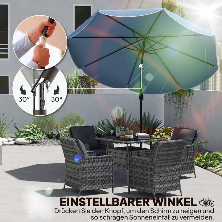 Rund parasol, balkonparasol, strandparasol med 3 vippepositioner, håndsving, 8 ribber, Ø265 x 235H cm, himmelblå