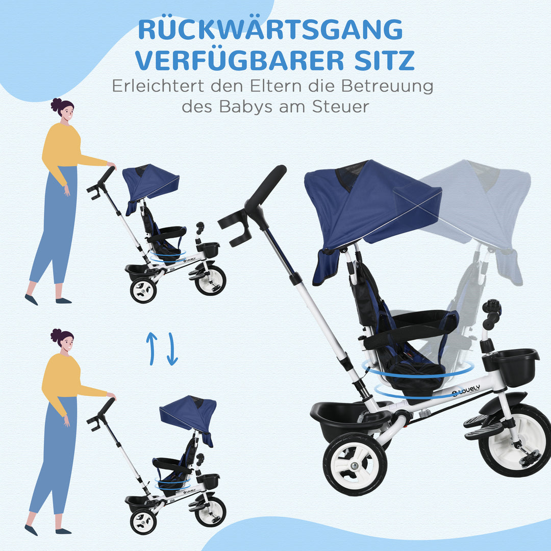 6-i-1 børnetrecykel med skubbehåndtag, kaleche, sele, opbevaringskurv, 18+ måneder, mørkeblå