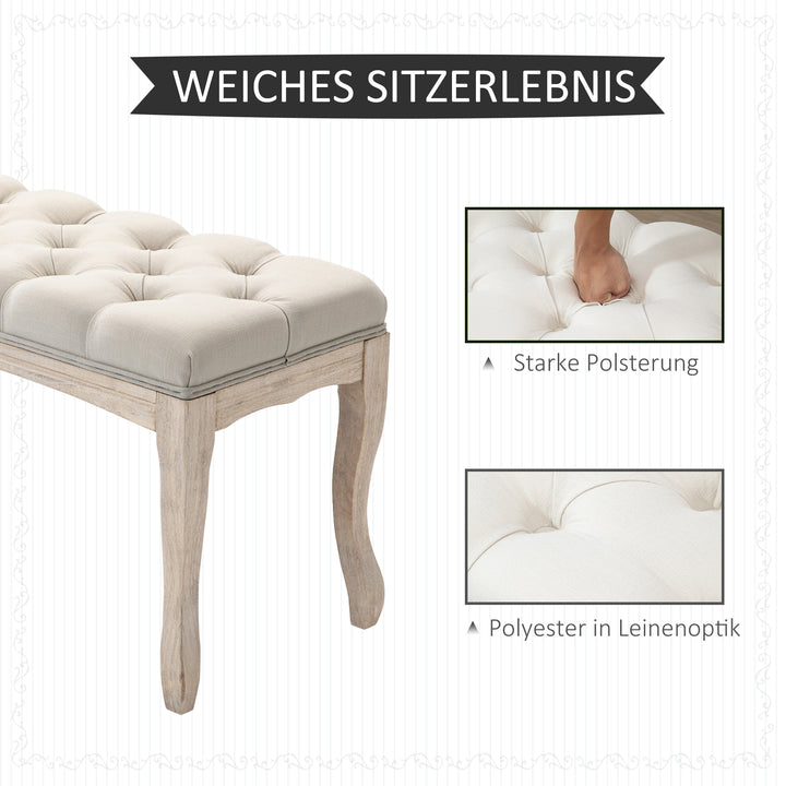 Polstret bænk med linnedbetræk, sengebænk med træramme, skobænk til soveværelse, stue, entre, 110 x 40 x 48 cm, beige
