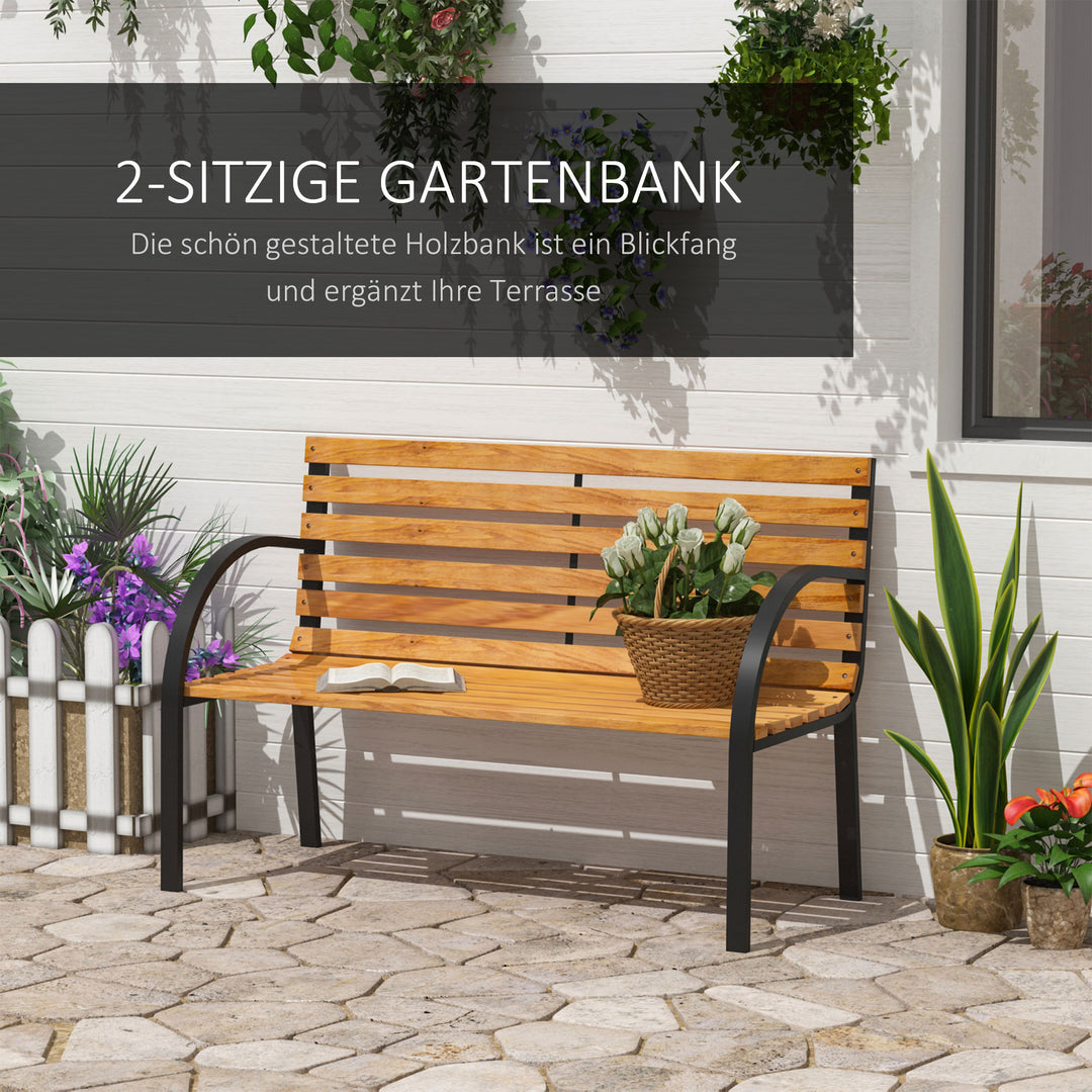 Havebænk, parkbænk, 2-personers, have, stål + fyrretræ, natur, B122 x D60 x H83 cm