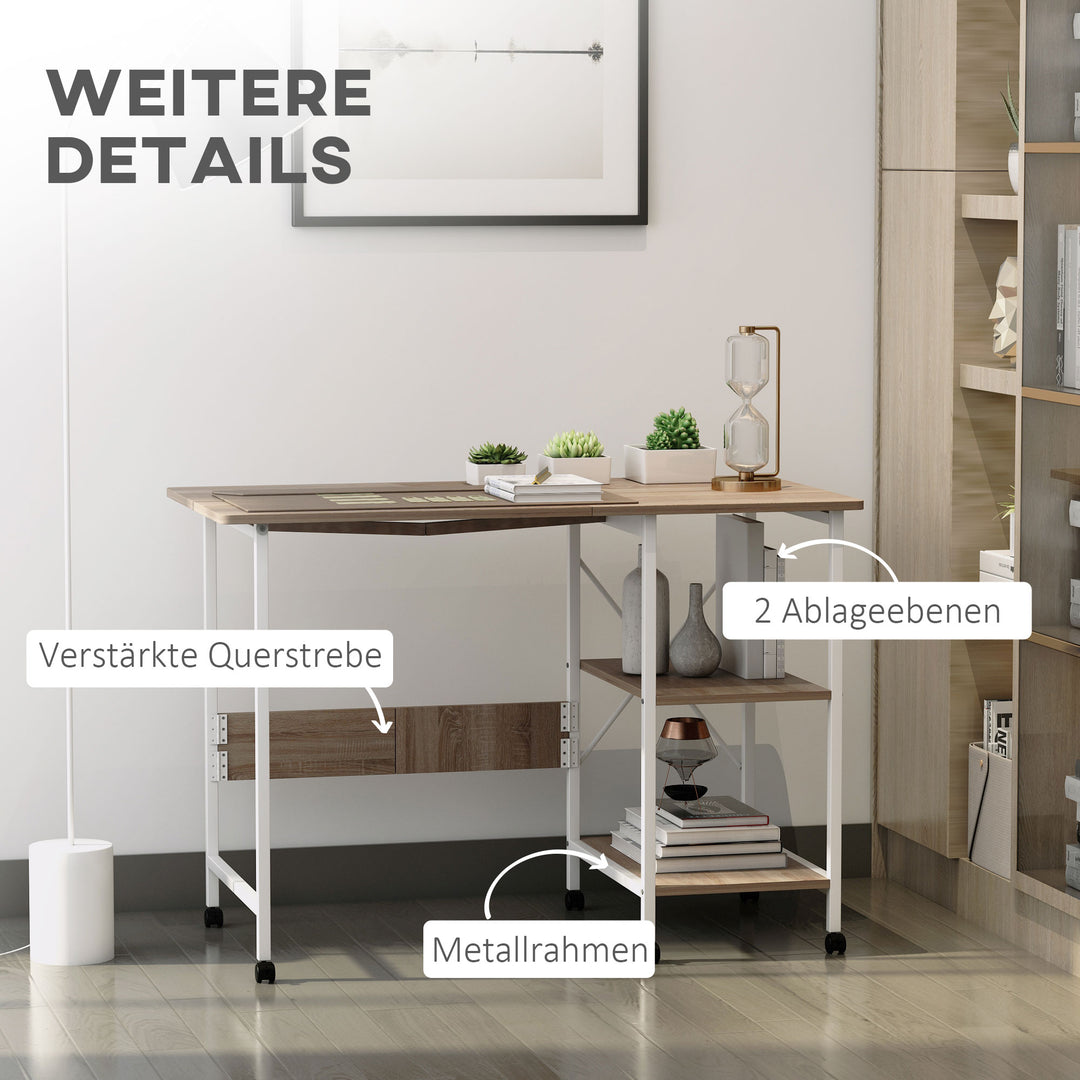 Klapbord skrivebord sidebord kontorbord mobilt computerbord med hjul mdf naturlig 107 x 55 x 76 cm