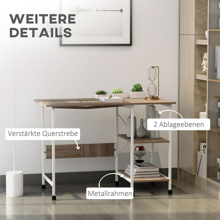 Klapbord skrivebord sidebord kontorbord mobilt computerbord med hjul mdf naturlig 107 x 55 x 76 cm