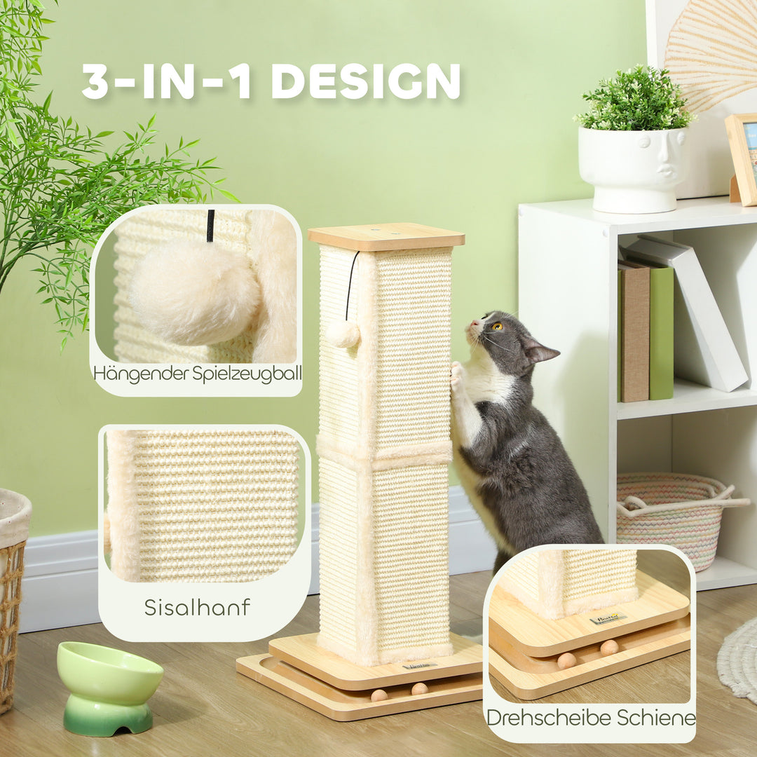 3-I-1 kradsetræ med legestang, legebold, sisal, op til 5 kg, 34 x 34 x 67 cm, eg/creme