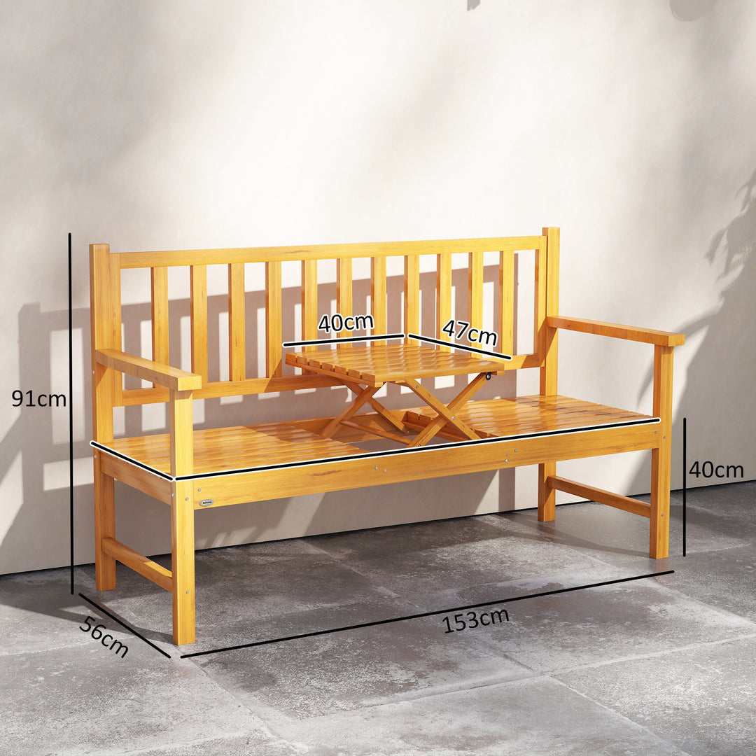 Havebænk, træbænk, udendørsbænk, klapbord, vejrbestandig, massivt træ, 153 cm x 56 cm x 91 cm, lysebrun