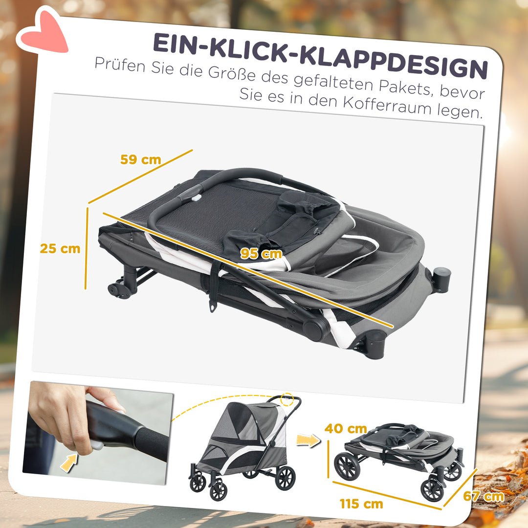 Hundeklapvogn, sammenklappelig hundeklapvogn til store hunde, kæledyrsklapvogn med 4 hjul, sikkerhedsline, bremser, mørkegrå