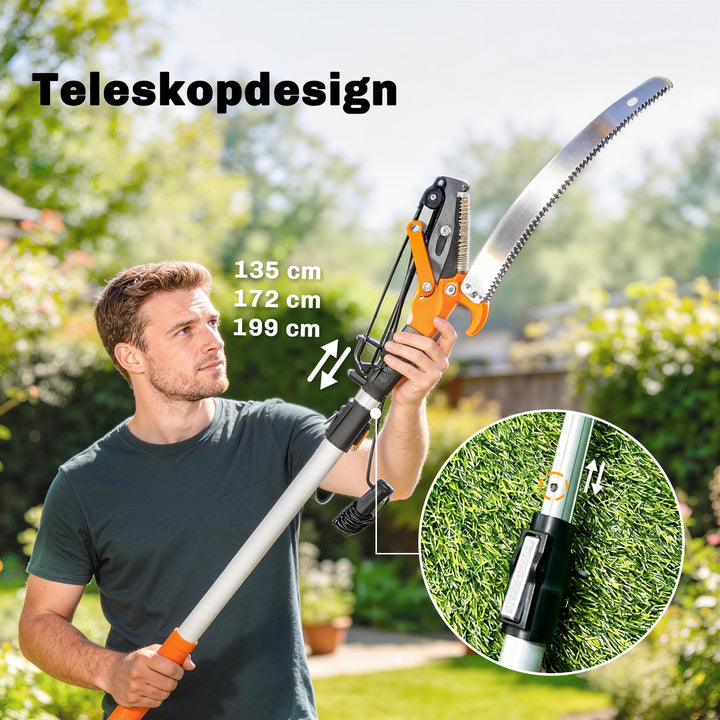 2-i-1 grenrundsav med integreret grensaks, trærundsav med teleskophåndtag 135/172/199 cm til høje grene, orange