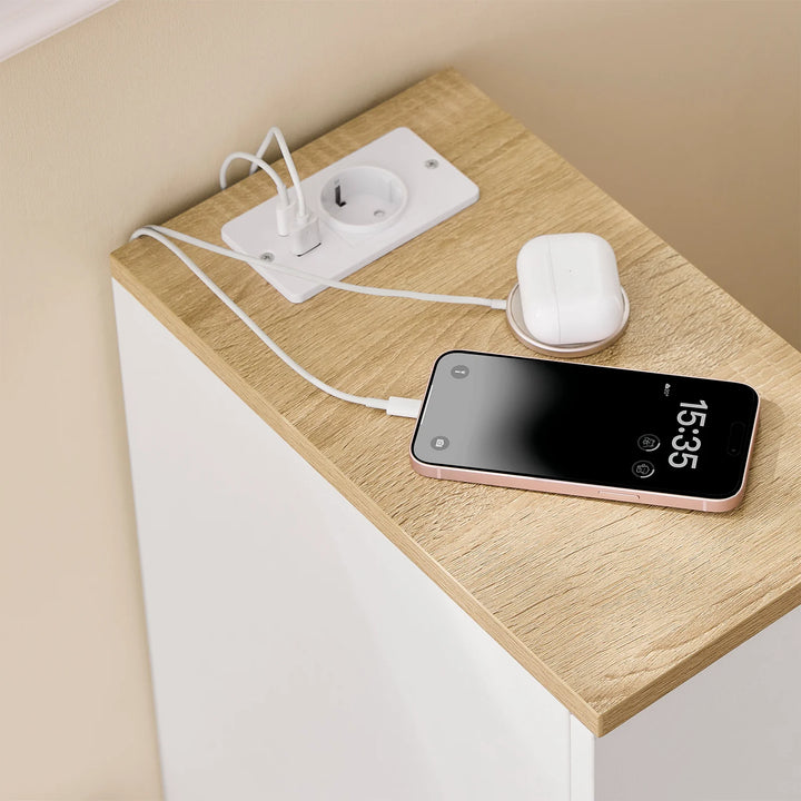 Sæt med 2 x natborde, pladsbesparende, indbygget ladestation, skandi-stil, 20 x 35 x 60 cm, hvid