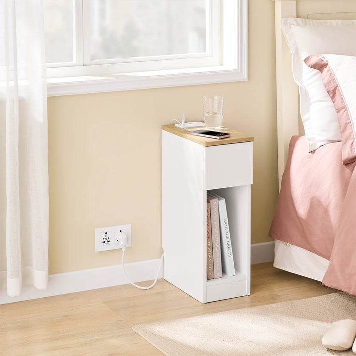 Sæt med 2 x natborde, pladsbesparende, indbygget ladestation, skandi-stil, 20 x 35 x 60 cm, hvid