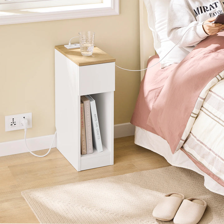 Sæt med 2 x natborde, pladsbesparende, indbygget ladestation, skandi-stil, 20 x 35 x 60 cm, hvid