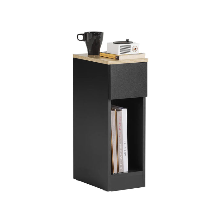Elegant natbord i sort og naturfarve: Slankt design med masser af opbevaring (B20 x D35 x H60 cm)