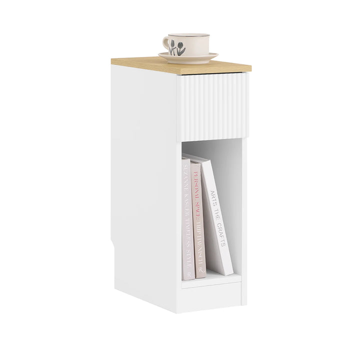 Stilfuldt, smalt sengebord med bølge-design og skuffe, hvid (20 x 60 x 35 cm)