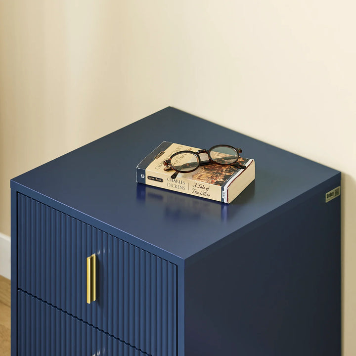 Moderne natbord med 2 skuffer – blåt sidebord til soveværelse og stue, mål 40 x 40 x 47 cm, lavet af MDF og metal