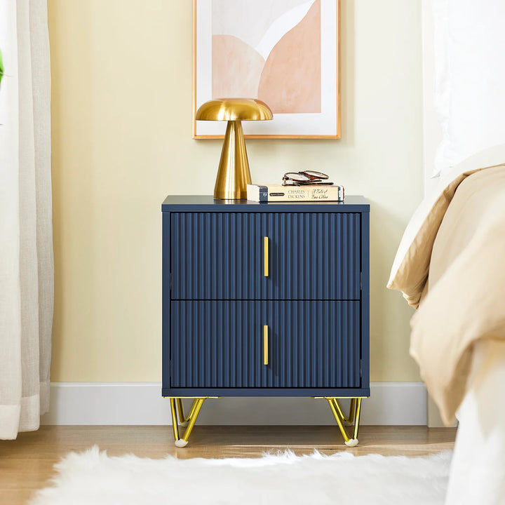 Moderne natbord med 2 skuffer – blåt sidebord til soveværelse og stue, mål 40 x 40 x 47 cm, lavet af MDF og metal