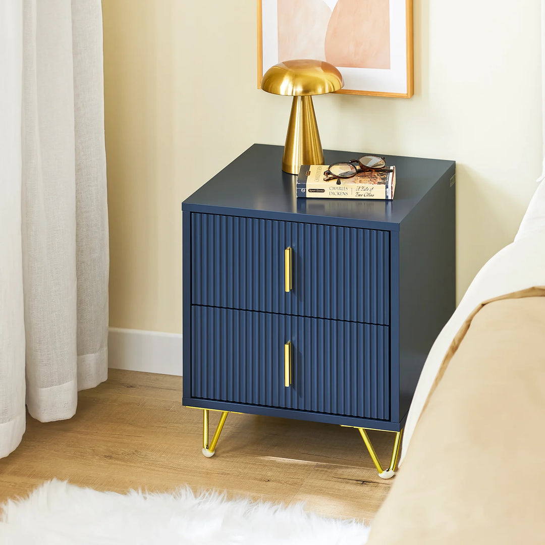 Moderne natbord med 2 skuffer – blåt sidebord til soveværelse og stue, mål 40 x 40 x 47 cm, lavet af MDF og metal