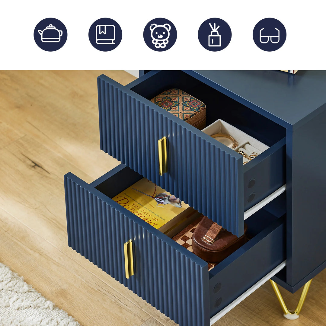 Moderne natbord med 2 skuffer – blåt sidebord til soveværelse og stue, mål 40 x 40 x 47 cm, lavet af MDF og metal