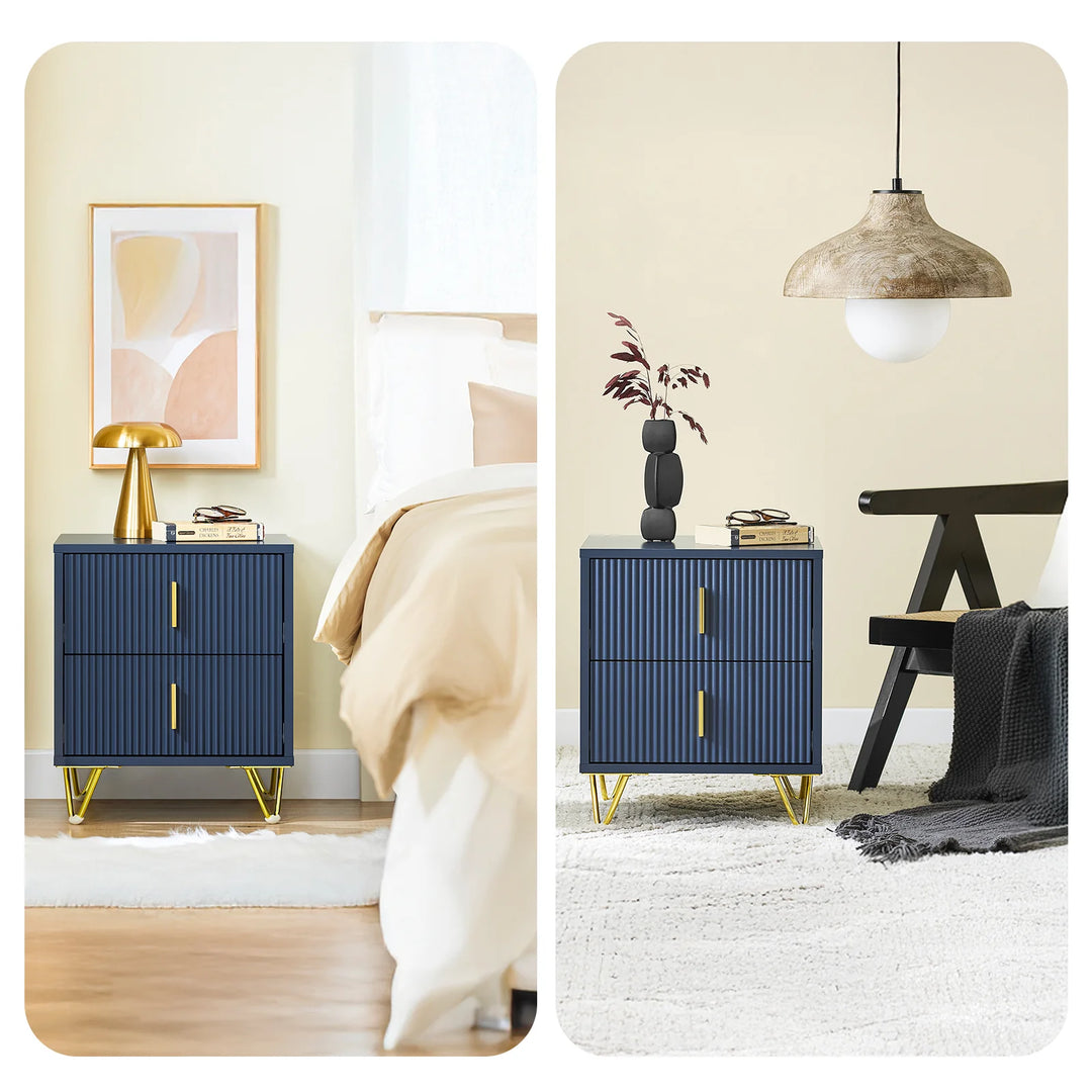 Moderne natbord med 2 skuffer – blåt sidebord til soveværelse og stue, mål 40 x 40 x 47 cm, lavet af MDF og metal
