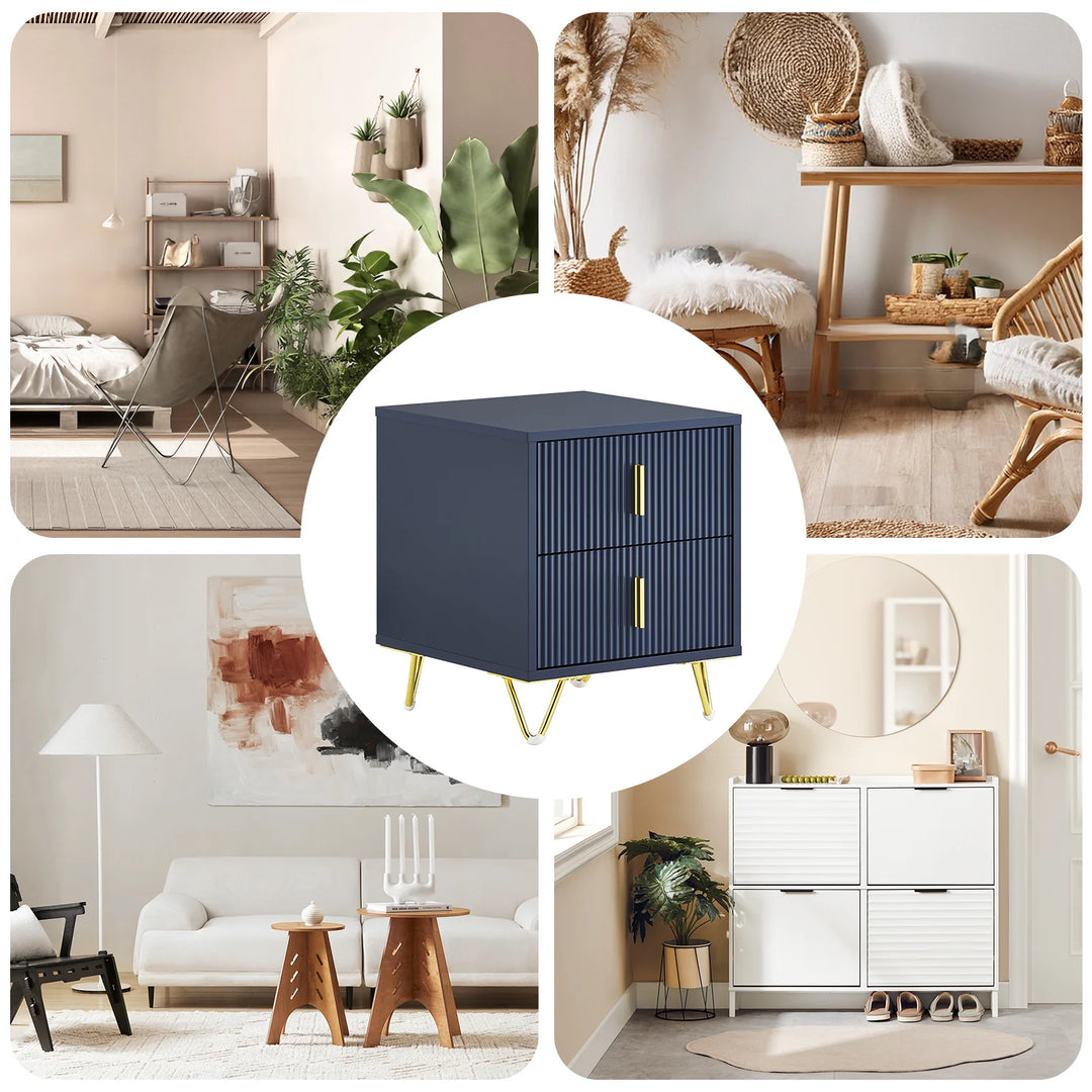 Moderne natbord med 2 skuffer – blåt sidebord til soveværelse og stue, mål 40 x 40 x 47 cm, lavet af MDF og metal