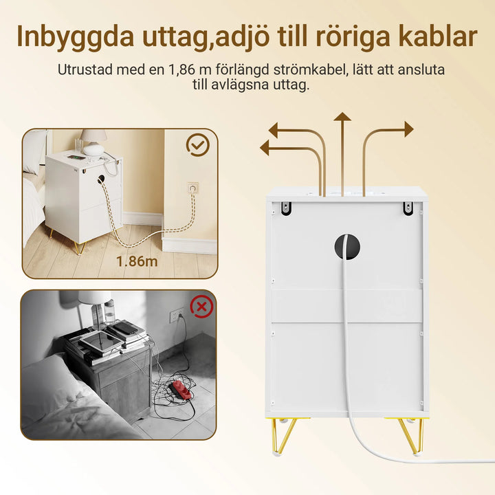 Natbord med ladestation og 3 skuffer – hvid med gulddetaljer