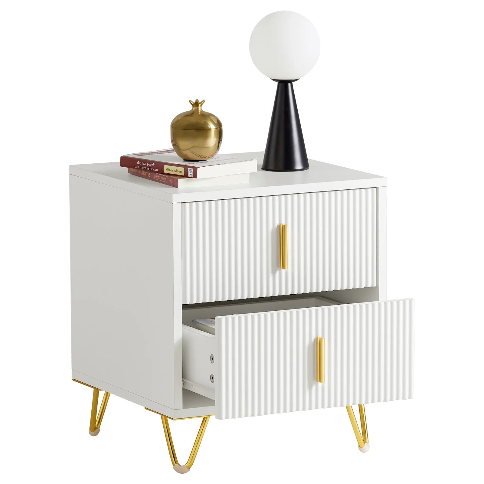 Hvidt moderne natbord med to skuffer til soveværelse i kompakt design