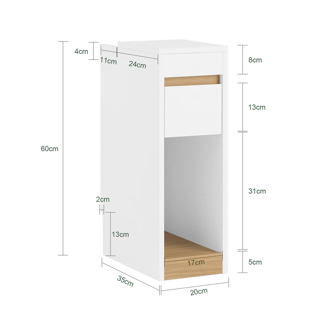 Elegant og pladsbesparende sengebord i hvid MDF materiale (20 x 60 x 35 cm)