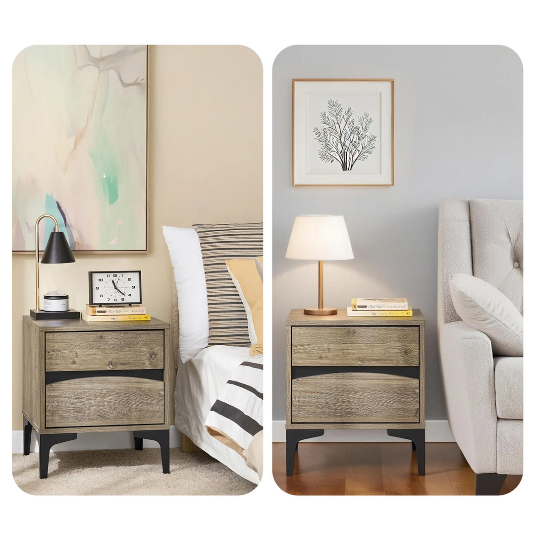 Moderne natbord: træ-look med elegant buet front og robuste metalben (natur), L40 x B40 x H47 cm