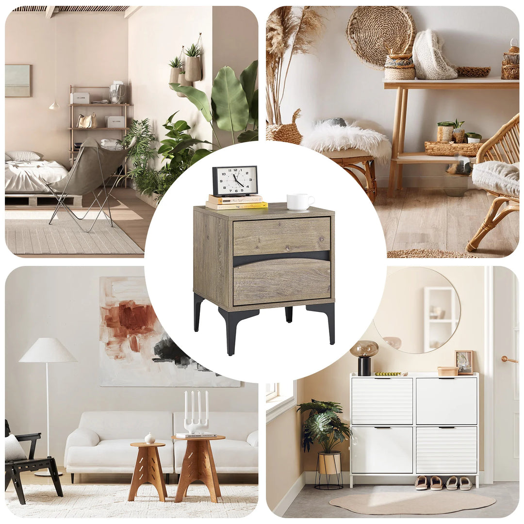 Moderne natbord: træ-look med elegant buet front og robuste metalben (natur), L40 x B40 x H47 cm