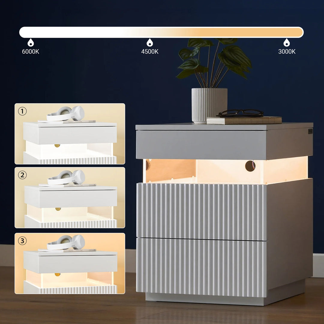 Optimal opbevaring: sengebord med 3 skuffer og ambient lys, B41 × D40 × H52cm