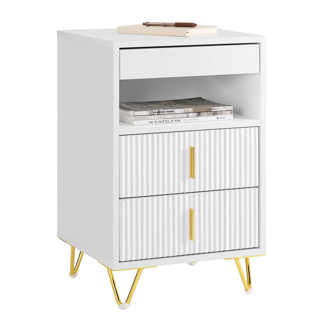 Moderne natbord med 3 skuffer og opbevaringsrum – hvidt sidebord til soveværelse og stue, mål 40 x 40 x 63 cm