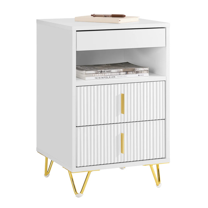 Moderne natbord med 3 skuffer og opbevaringsrum – hvidt sidebord til soveværelse og stue, mål 40 x 40 x 63 cm