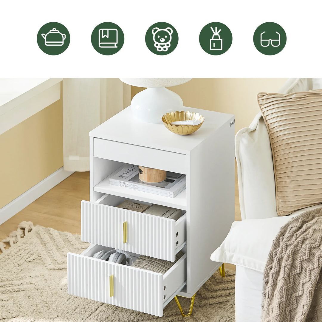 Moderne natbord med 3 skuffer og opbevaringsrum – hvidt sidebord til soveværelse og stue, mål 40 x 40 x 63 cm