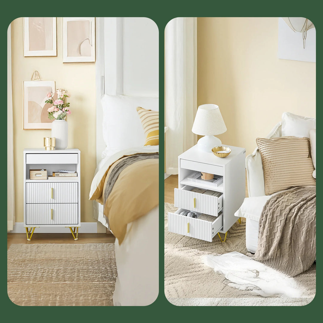 Moderne natbord med 3 skuffer og opbevaringsrum – hvidt sidebord til soveværelse og stue, mål 40 x 40 x 63 cm
