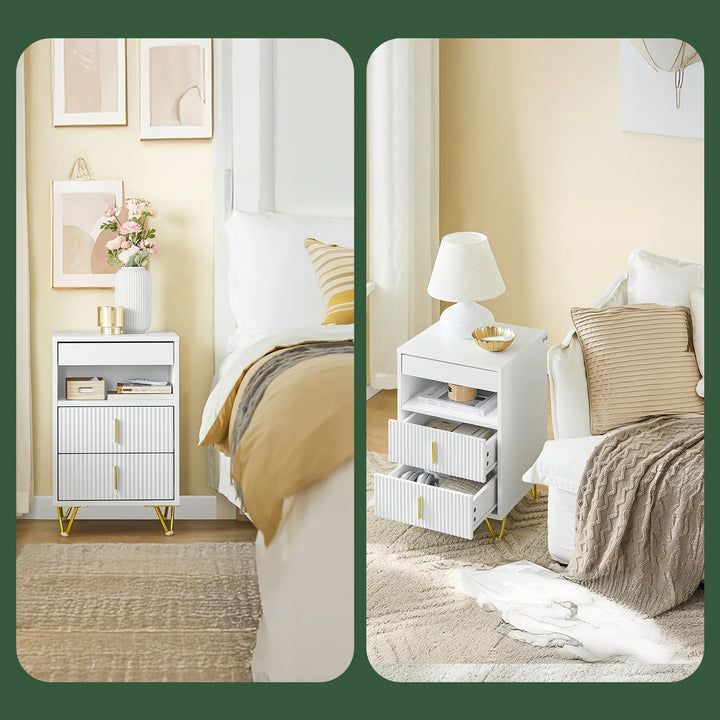 Moderne natbord med 3 skuffer og opbevaringsrum – hvidt sidebord til soveværelse og stue, mål 40 x 40 x 63 cm