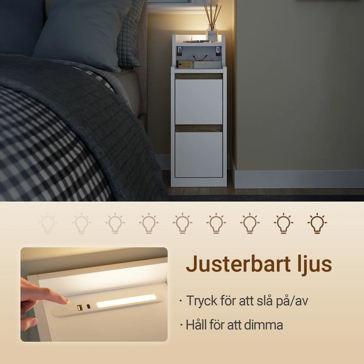 Ekstra smalt natbord med LED-lampe og USB-opladning