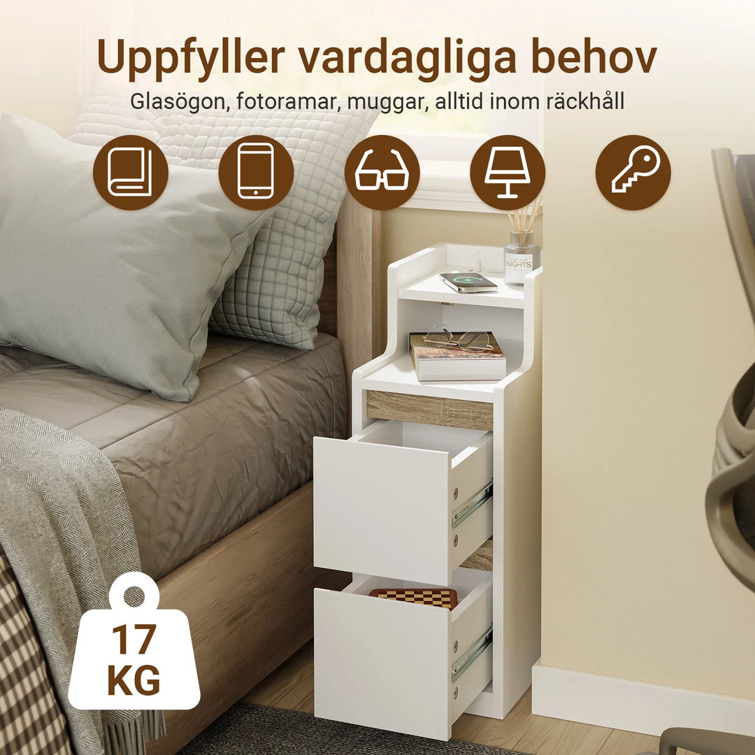 Ekstra smalt natbord med LED-lampe og USB-opladning