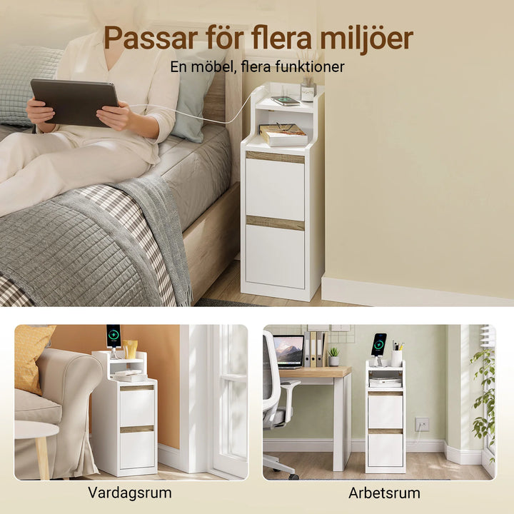 Ekstra smalt natbord med LED-lampe og USB-opladning