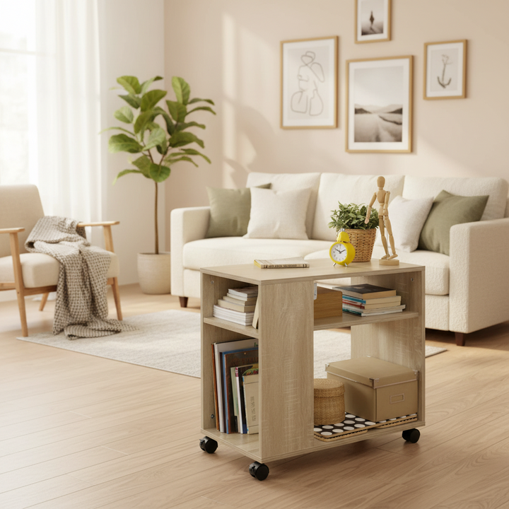 Sidebord med hjul, 70x35x61 cm, naturfarvet
