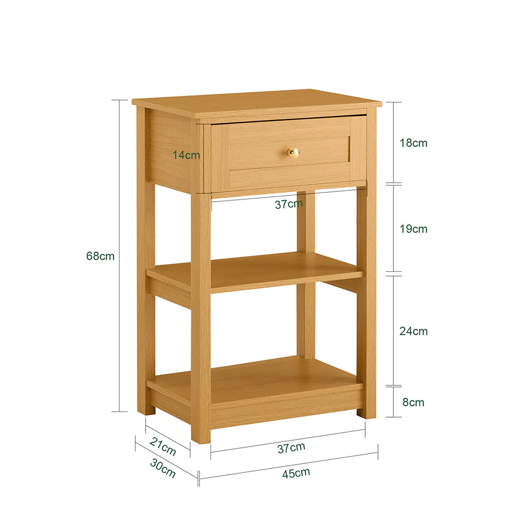 Sengebord med 1 skuffe og 2 hylder, L45xB30xH68 cm, naturfarvet