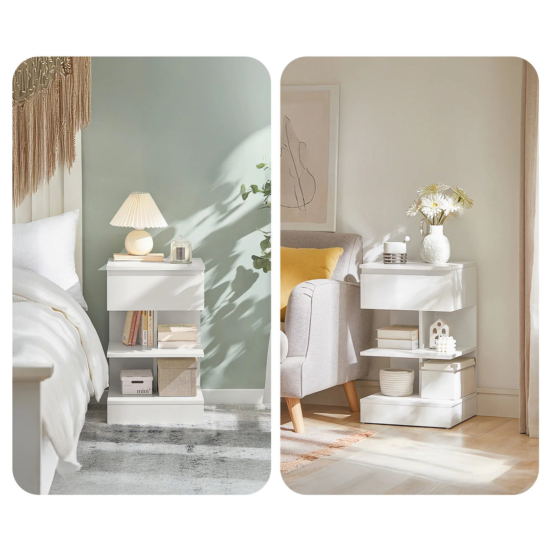 Sæt med 2 hvide sengeborde, moderne natborde med skuffe og 2 hylder