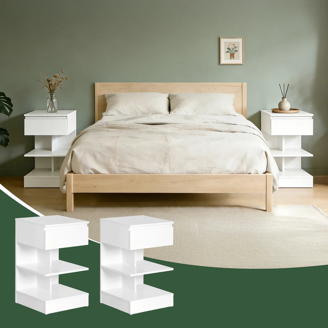 Sæt med 2 hvide sengeborde, moderne natborde med skuffe og 2 hylder