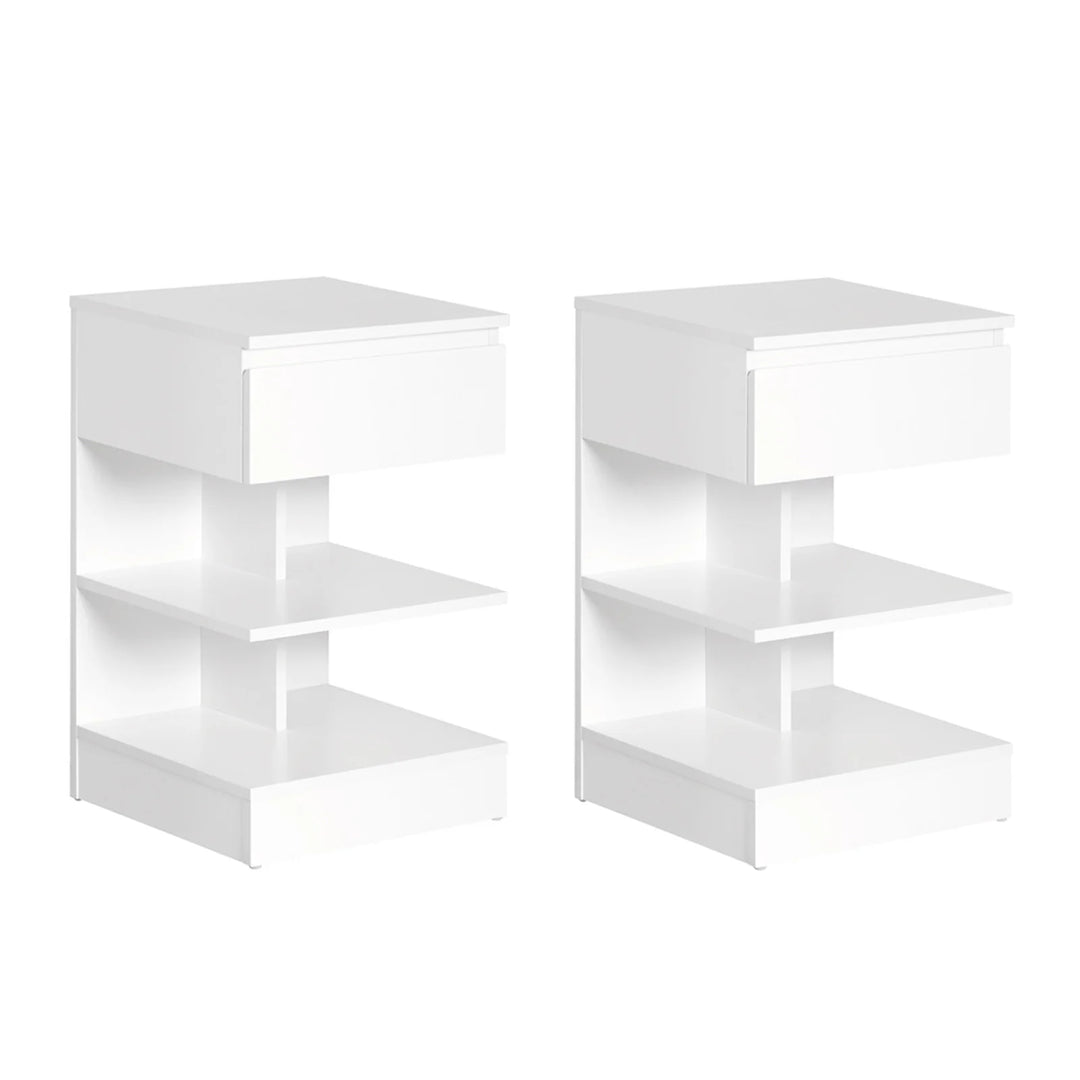 Sæt med 2 hvide sengeborde, moderne natborde med skuffe og 2 hylder