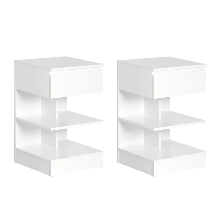 Sæt med 2 hvide sengeborde, moderne natborde med skuffe og 2 hylder
