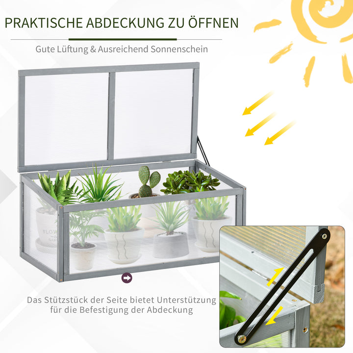 Koldramme-træ- og polycarbonatdrivhus 90 x 46 x 40 cm drivhus med overdækning vejrbestandig koldrammekasse til haveplantebed grå