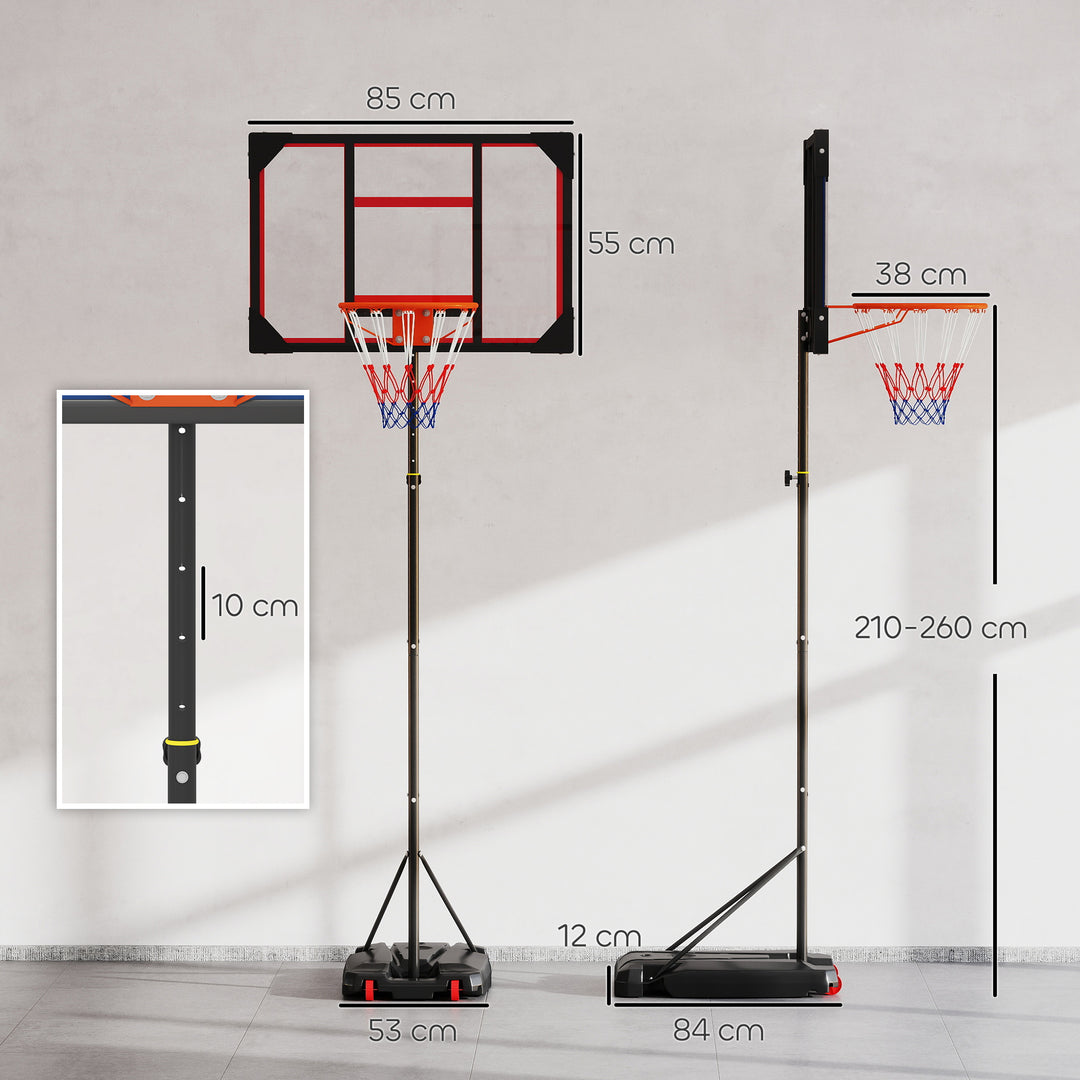 Børne basketballkurv, udendørs basketballkurv til børn, 210-260 cm højdejusterbar, med hjul, fra 6 år, rød