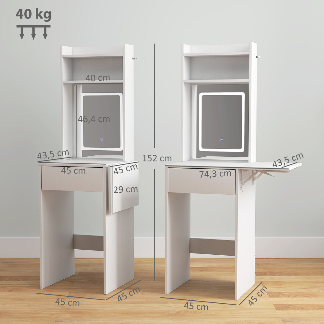 Kompakt sminkebord med spejl og led-belysning, sammenklappelig bordplade, åbne hylder, skuffe, mdf, hvid