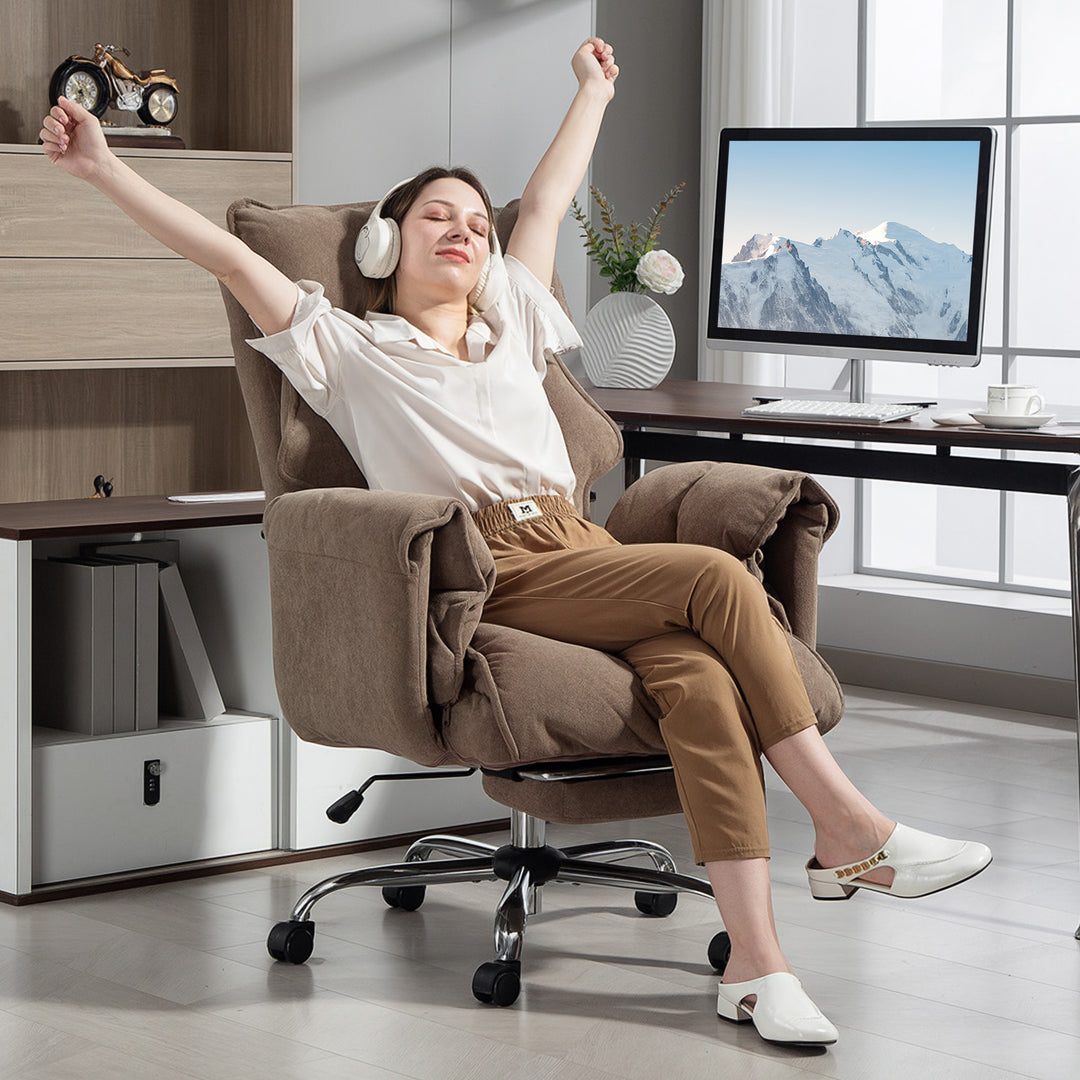 Ergonomisk kontorstol, lænestol til ryglæn, fodstøtte, blødt stof, lysebrun