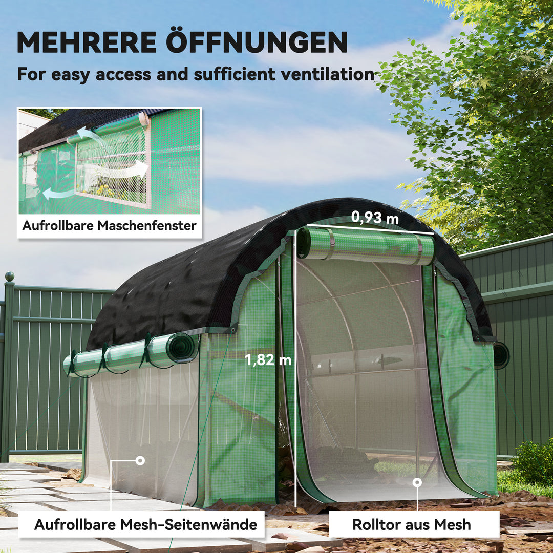 3 x 2 x 2 m polytunnel drivhus med solnet, rullelige sidevægge, plastikdæksel, stålramme, grøn