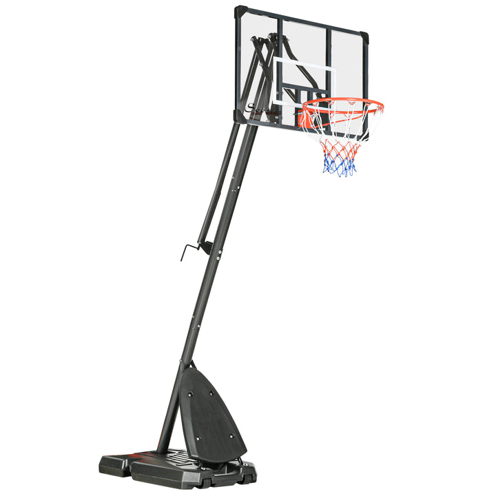 Basketballstativ, justerbar kurvhøjde 2,3-2,9 m, nedre reboundstang, fyldbar base, rød+sort